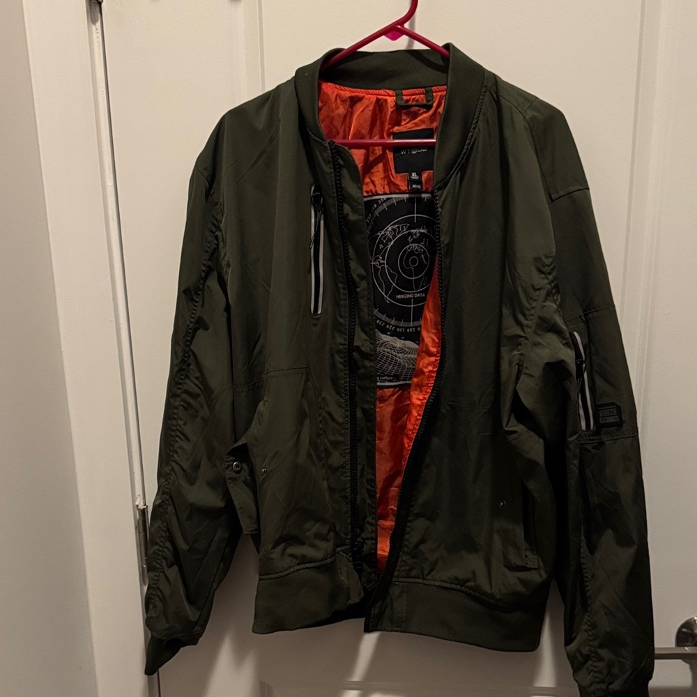 Green Bomber Jacket with Orange Lining